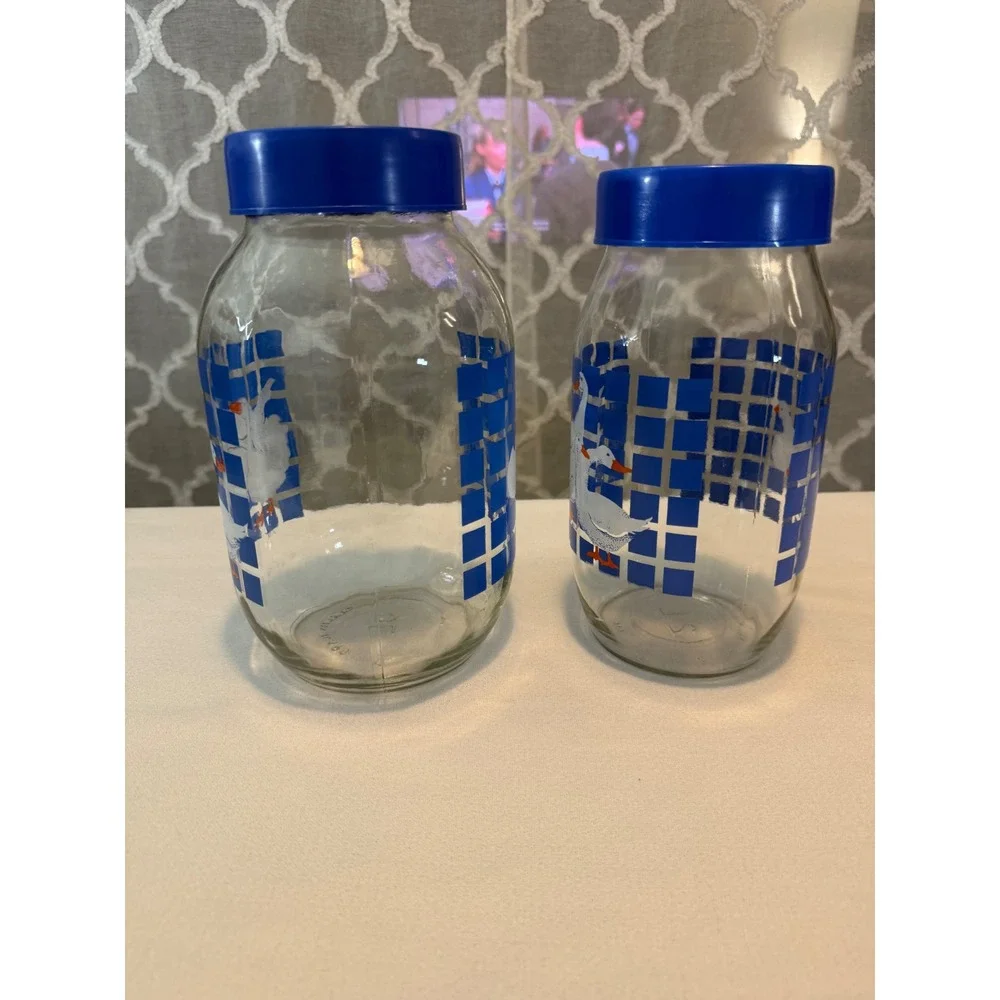 Vintage Country Geese Glass Canister Set 1L 3L Blue Checkered Jars with Lids